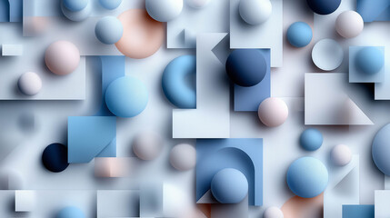Abstract composition featuring geometric shapes and spheres in various shades of blue, pink, and white, creating a visually engaging and modern design with copy space