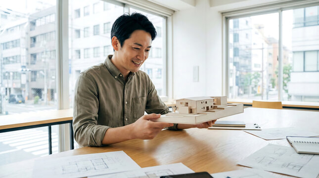 Enthusiastic architect holding a model house reviewing blueprints in a bright office showcasing design and planning