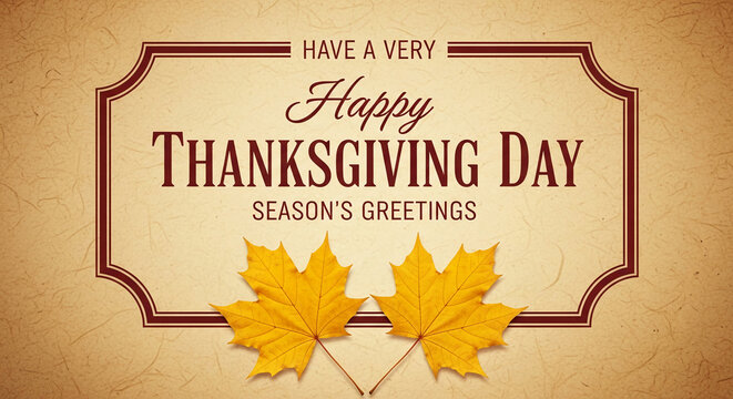 Image with text Happy Thanksgiving Day in decorative brown frame on textured paper, featuring yellow maple leaves, for festive celebration concept - Powered by Adobe