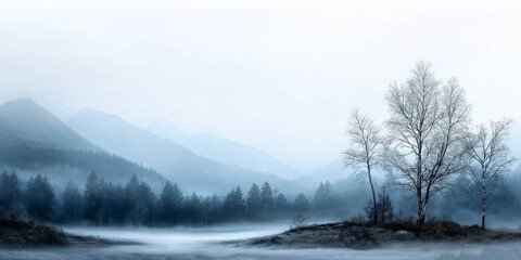 Serene winter landscape featuring misty mountains, bare trees, and a tranquil lake reflecting the soft blue hues of dawn, evoking a sense of calm and peacefulness in nature
