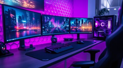 Modern gaming battlestation with neon purple light setup
