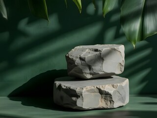 Elegant stone podium display for product showcase against a vibrant green backdrop with tropical leaf shadows creates a modern and inviting presentation