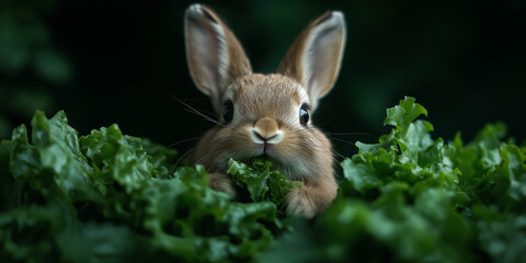 Cute brown rabbit peeking through vibrant green lettuce leaves, showcasing its expressive eyes and soft fur in a lush, natural environment with a serene atmosphere