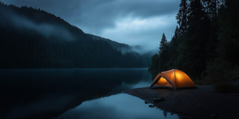 Bright orange camping tent illuminated at dusk by a serene lake, surrounded by misty mountains and lush trees, creating a tranquil outdoor adventure atmosphere