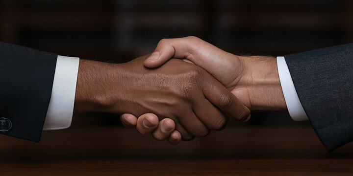 African American man and Caucasian man shaking hands in a professional setting, symbolizing partnership, collaboration, and mutual respect in a business environment