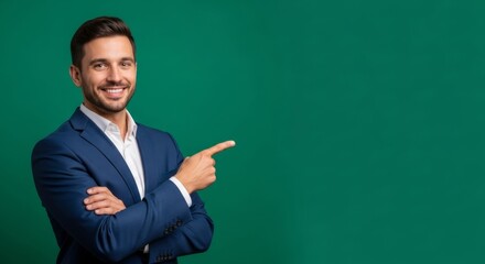 Smiling businessman pointing right on green background