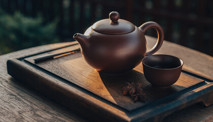 A traditional brown clay teapot and cup on a wooden tea tray, bathed in warm sunlight, set outdoors.