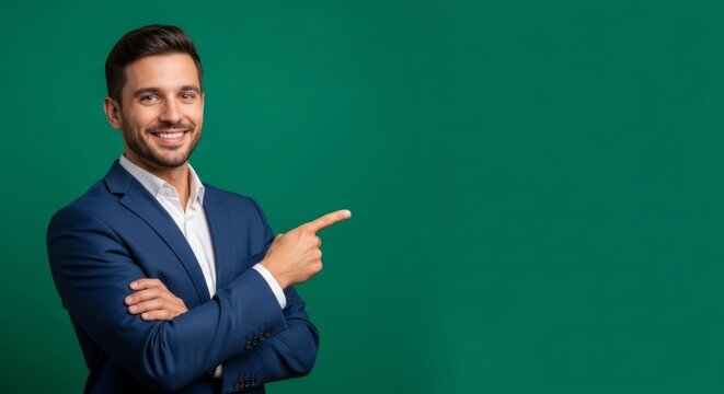 Smiling businessman pointing right on green background