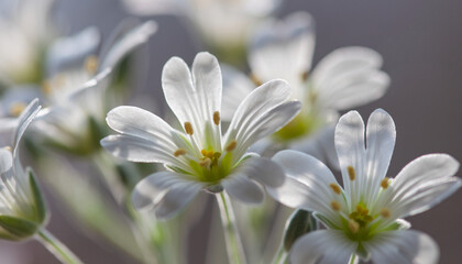 Close-up view of delicate white flowers with soft petals and visible yellow stamens, bathed in gentle light.