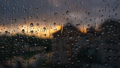 Raindrops on a window pane with a blurred view of buildings and a warm sunset sky.