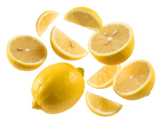 Fresh yellow lemons and slices isolated on transparent background