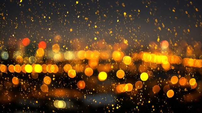 Golden bokeh lights with raining confetti on dark background, blurry night city lights with haze, warm yellow and orange tones, soft focus circle bokeh, depth of field abstract celebration background