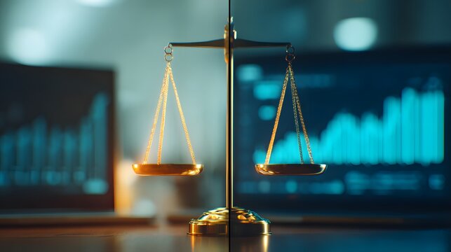 Golden justice scales with digital financial chart, law and business concept, legal regulation, economic compliance and corporate ethics balance