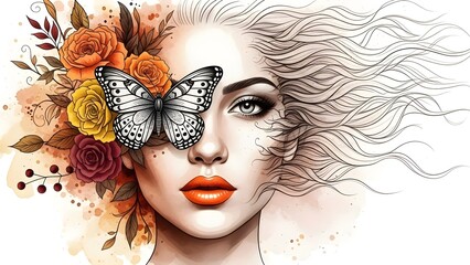 Artistic female portrait with floral colors and a detailed butterfly mask.