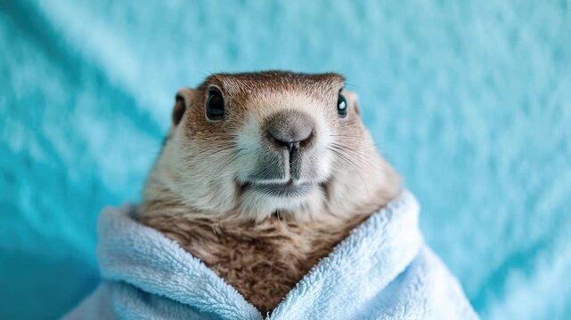 Video A groundhog wearing a blue towel, possibly for warmth or camouflage