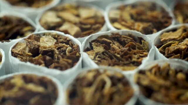Macro view of rotating cigarettes filled with shredded tobacco moving in a circular motion on a production line