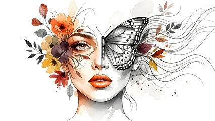 Artistic female portrait with floral colors and a detailed butterfly mask.
