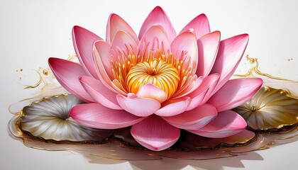 Beautiful Pink Lotus Flower Blossom with Lily Pad on Water