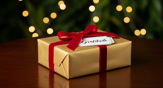 Wrapped gift in gold paper with red ribbon, sitting on wooden table. It shows gratitude, perfect for holidays, thank you or special occasion concept.