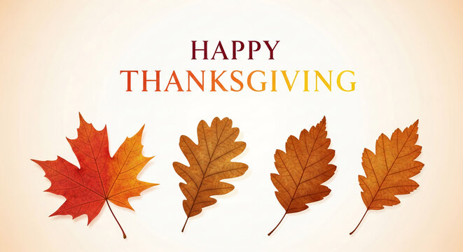 Four autumn leaves, in orange and brown shades, laid on light background, with the words "Happy Thanksgiving", representing autumnal celebration.