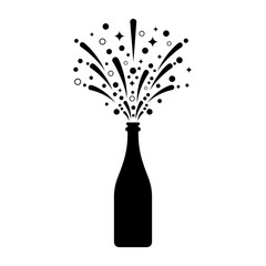 Illustration of a champagne bottle exploding with splashes and bubbles, minimalist silhouette style.