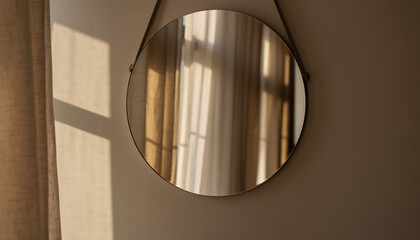 A round mirror hanging on a light wall with sunlight casting shadows and reflections.