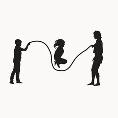 Three children playing jumping rope together vector illustration isolated on background. Children Silhouette vector.