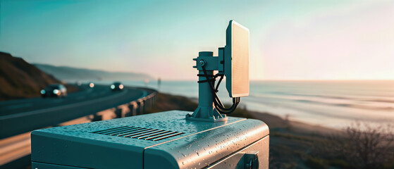 Antenna installation near coastal highway suggests modern telecommunications, network infrastructure. Scene's teal, orange, and hazy quality evokes scenic coastal views,