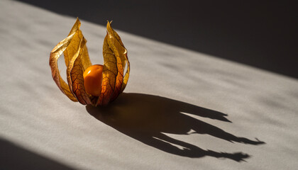 A single physalis fruit with its papery husk partially open, casting a long shadow on a light surface under strong directional light.