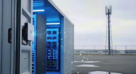 5G gateway in server environment, showcasing infrastructure technology under overcast sky. Concept of telecommunications and network advancement,