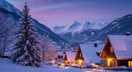 Scenic view of snow-covered houses and alpine mountain range under a pink and blue sky, representing a winter holiday or serene retreat