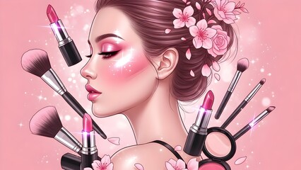 Pink beauty glamour with glowing makeup, flowers, butterflies, and cosmetics