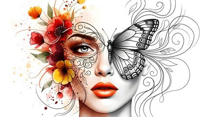 Artistic female portrait with floral colors and a detailed butterfly mask.