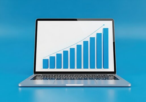 Laptop computer a vibrant blue bar chart illustrating business growth financial success