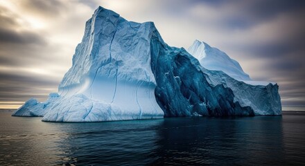 Massive blue and white iceberg floating in cold ocean waters under dramatic cloudy sky during day