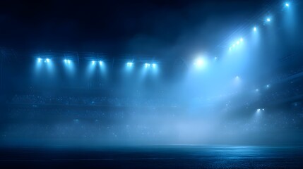 Empty modern sports stadium illuminated with blue spotlights and fog, night event arena background, championship competition and sport concept
