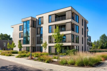 Obraz premium This contemporary apartment complex is situated in a peaceful neighborhood, surrounded by vibrant greenery and bathed in the bright light of clear blue skies during the day