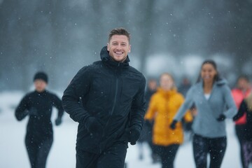 Group of diverse runners in winter attire, joyfully jogging through a snowy landscape, showcasing fitness and camaraderie in a cold weather environment