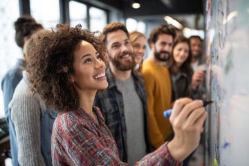 African American woman with curly hair is writing on a whiteboard in a modern office, surrounded by smiling colleagues, showcasing teamwork and collaboration in a creative environment
