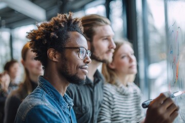 African American man with glasses is engaged in creative brainstorming session with diverse group, writing on glass board, showcasing collaboration and innovative thinking in modern workspace