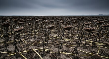 A wide view of many withered sunflowers in an agricultural field under a dark, dull, and overcast sky