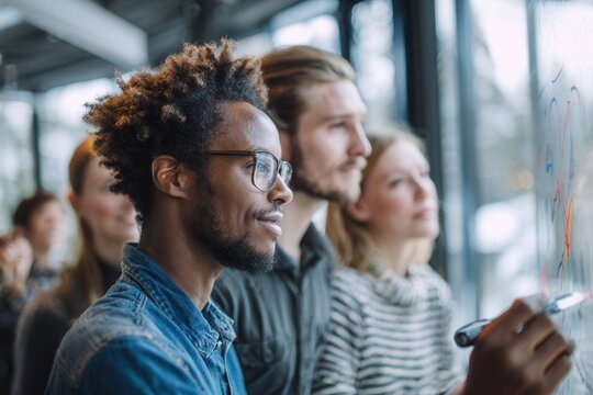 African American man with glasses is engaged in creative brainstorming session with diverse group, writing on glass board, showcasing collaboration and innovative thinking in modern workspace