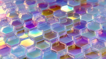 Fototapeta premium Colorful hexagonal pattern with iridescent surface, showcasing a vibrant interplay of light and reflections, creating a mesmerizing abstract design for creative projects