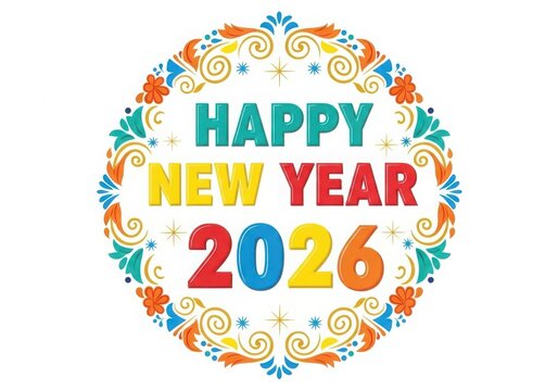 Happy new year 2026 celebration text in a colorful ornate floral wreath, isolated on white background