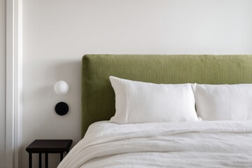 Comfortable bedroom interior with green headboard and minimalist decor showcasing modern design elements in a serene and inviting environment