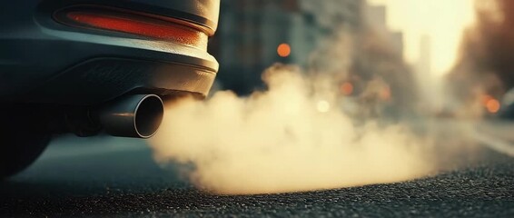 Black smoke from a car exhaust pipe on the road draws attention to air pollution issues and their effects on the environment. - Powered by Adobe