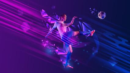 Vibrant sports collage of female footballer striking ball in pink purple motion. Concept of sports marketing, athletic empowerment visuals, digital movement graphics, energetic promo design.