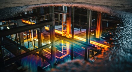 Vibrant industrial lights reflected in a rainy street puddle on dark ground at night with bokeh effect