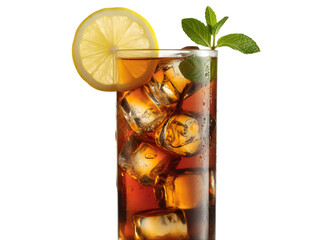 Tall glass of iced tea with lemon slice and mint isolated on transparent background