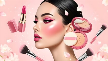 Pink beauty glamour with glowing makeup, flowers, butterflies, and cosmetics